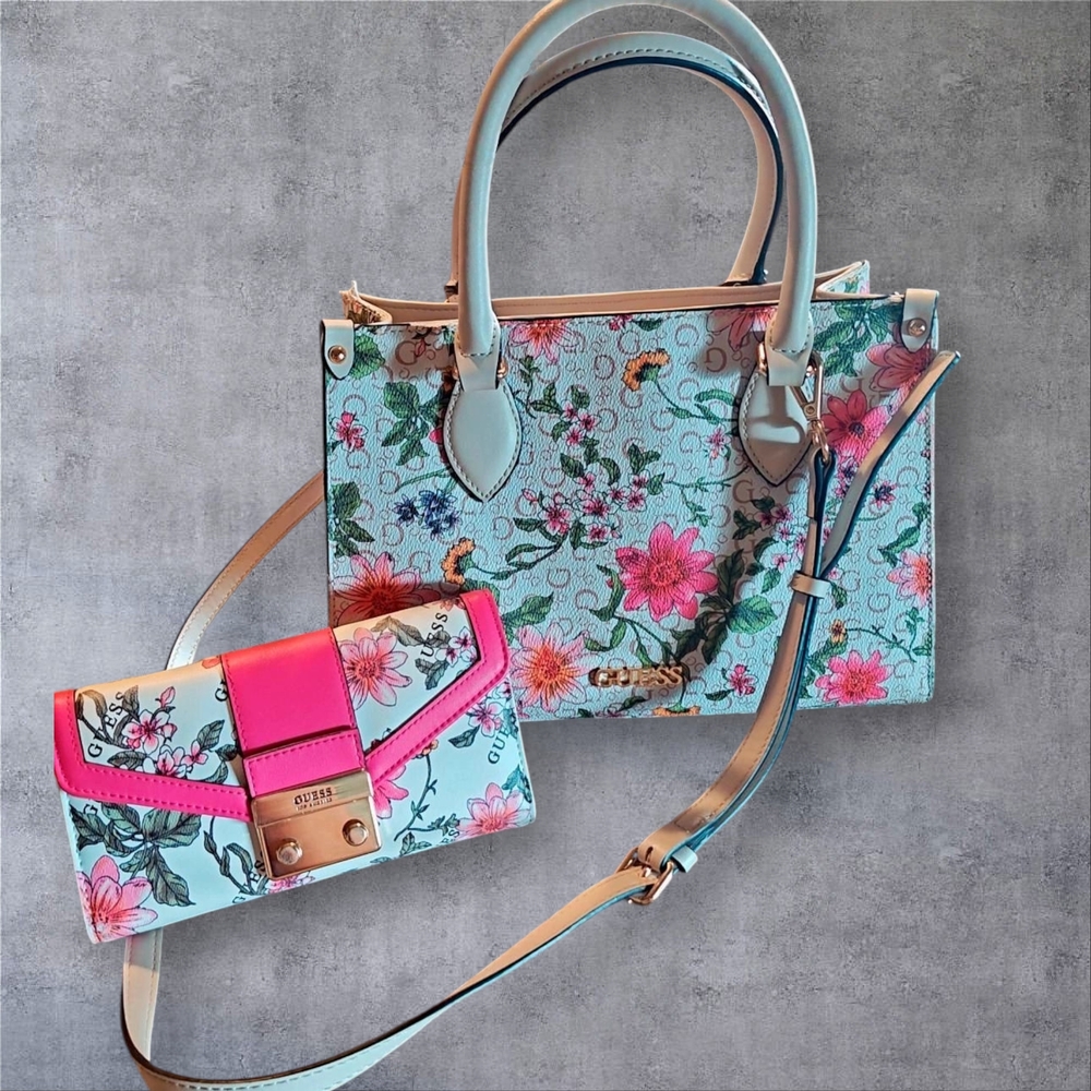 Guess Floral Leather Satchel and Wallet Set - Pink and Blue